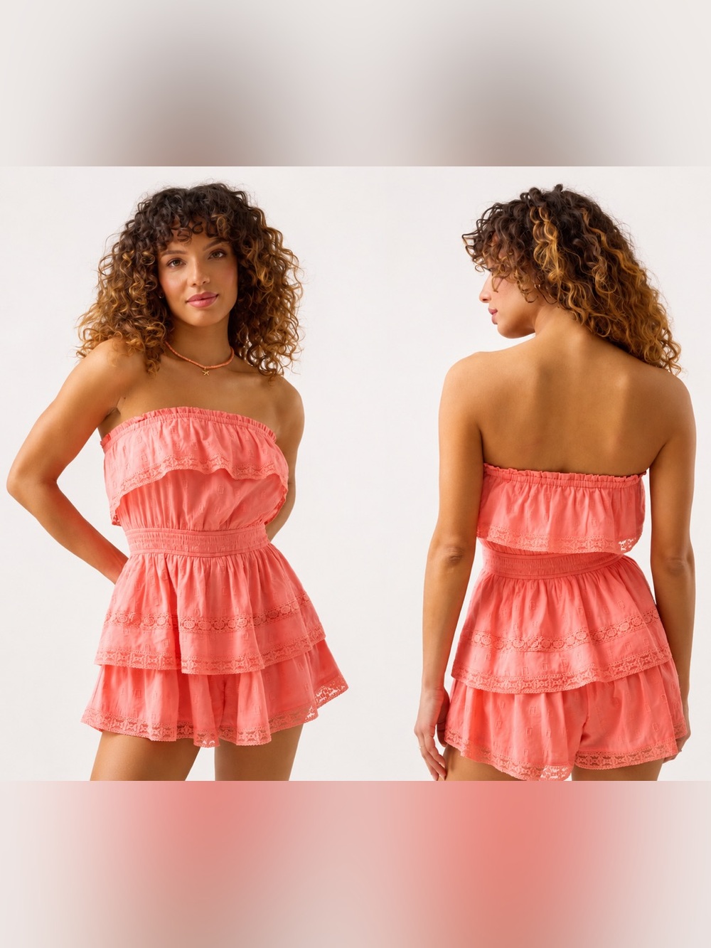 Altar’d State Coral Strapless Tiered Lace Romper